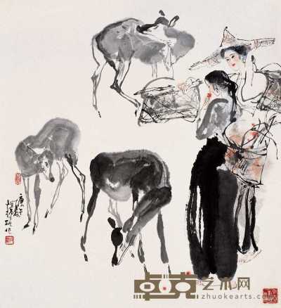 韩硕 少女与鹿 轴 64×58cm